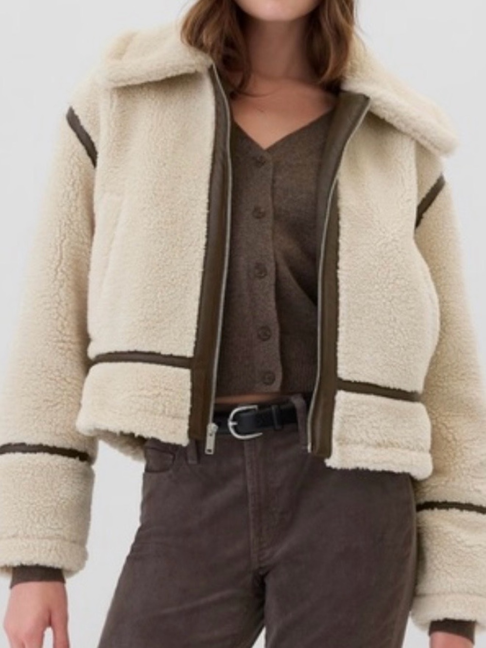 GAP Factory Cream Sherpa Jacket with Olive Trim Accents